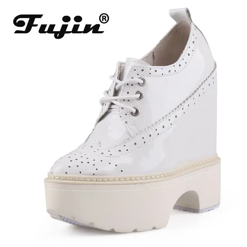 

Fujin 13CM 15cm Patent New Genuine Leather Platform Sandals High Brand Autumn Spring Fashion Wedge Pumps Ankle Boots Women Shoes