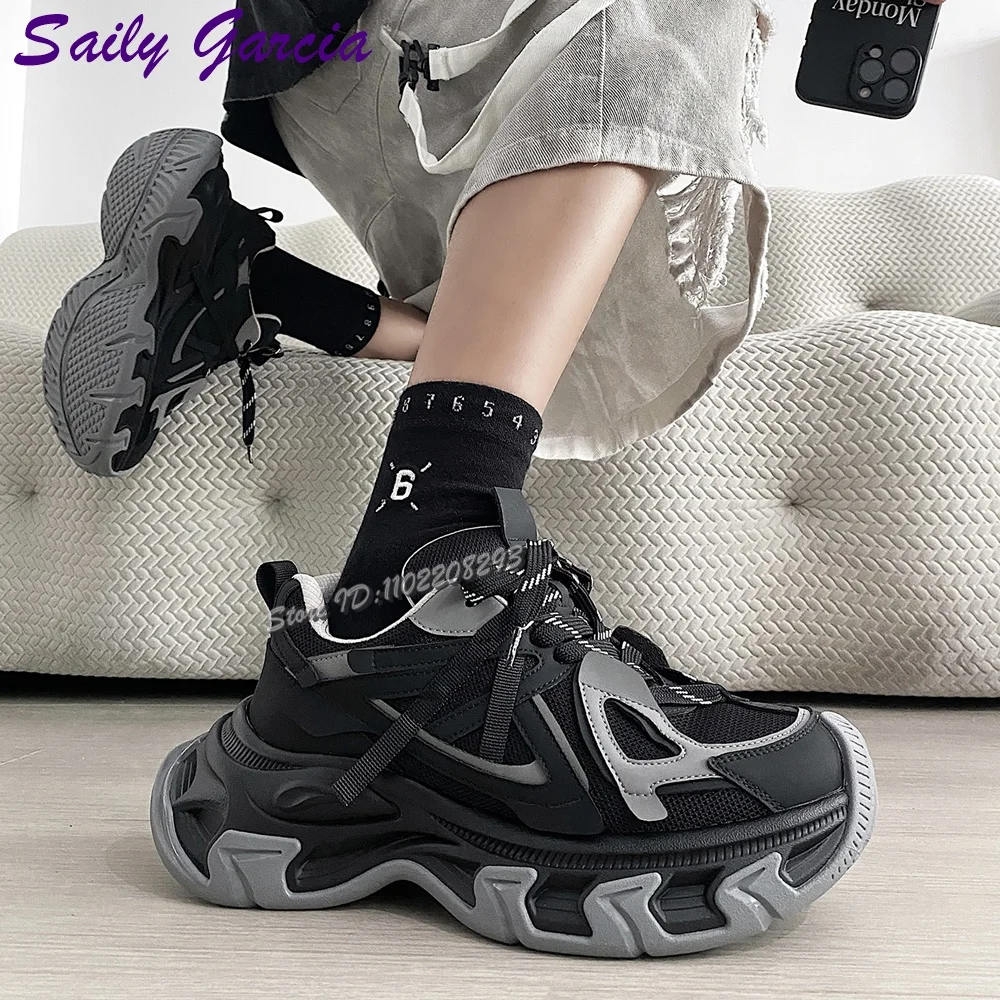 

Черные сетчатые кроссовки на шнуровке с круглым носком, дышащая спортивная обувь с перекрестными ремешками, новинка 2025, мужская обувь, летняя женская обувь на толстой подошве