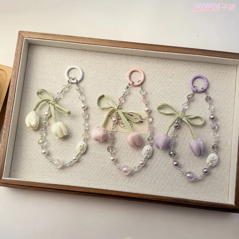 1 Piece Cute Elegant Tulip Floral Phone Lanyard Hand-Painted Alloy Crystal Pearl Design Keychain Lanyrd Bag Charm for Women