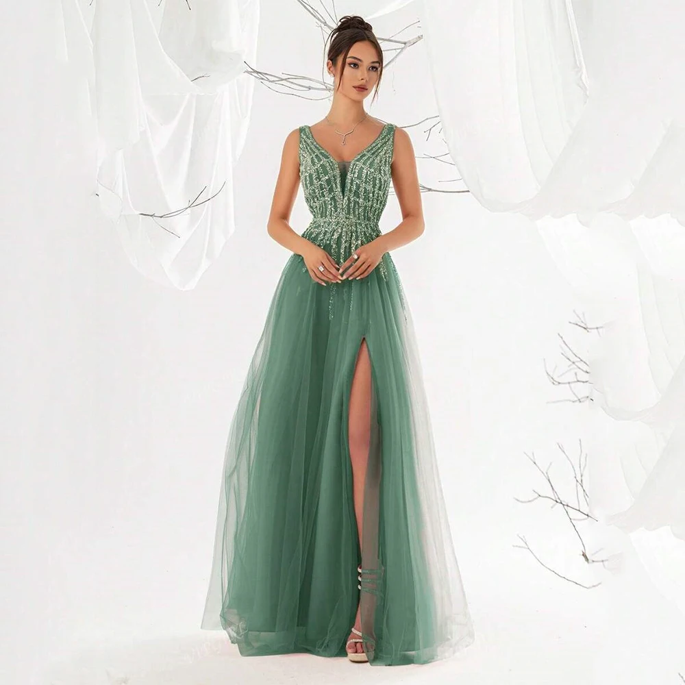 

Arya Green Elegant Evening Dresses Tulle for Floor-Length V-Neck Sleeveless Prom Dress Crystal Slit Robes De Soirée Customized