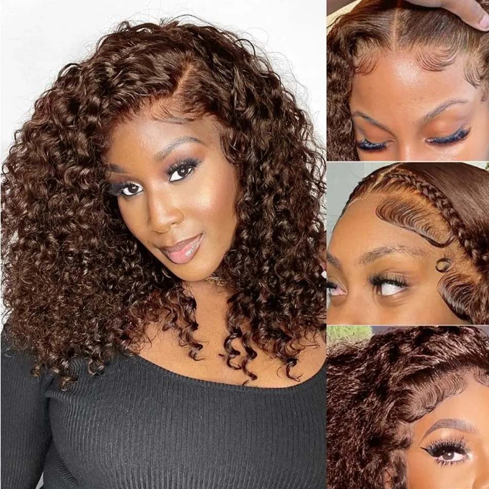 Brown Kinky Curly Bob Wig Deep Wave Frontal Wigs Curly Chocolates 12A Human Hair Wig 13x4 Colored Brazilian Wigs For Black Women