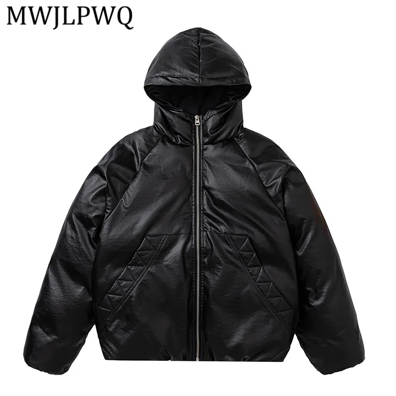 

MWJLPWQ Men's Clothing Winter New American Style Thick Leather Feel Jacket Male High Street Solid Color Hooded Cotton Coat 22046