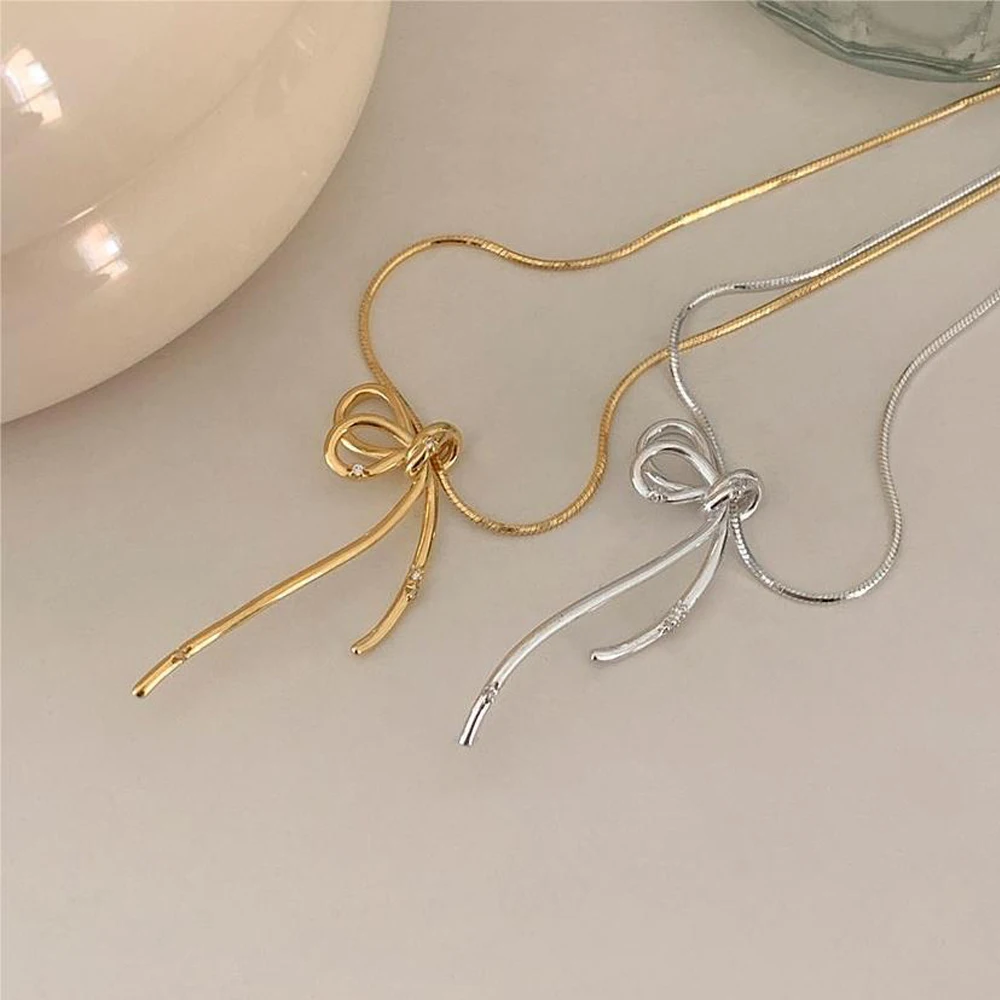 Bow Necklace For Women 2024 Hot Style Fashion Gold Color Stainless Zircon Bow-knot Pendant Choker Waterproof Jewelry Party Gift