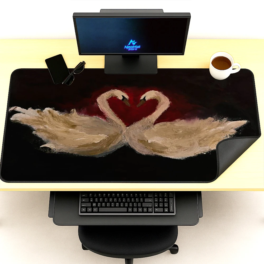 Elegant Mouse Mat Swan Heart Gaming 140x60 Black Red Romantic Aesthetic Large Pad Giant Mousepad Painting Accessories