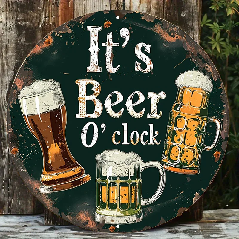 Letrero de aluminio Vintage "It's Beer O'clock", arte de pared de Metal redondo de 7,8x7,8 pulgadas con diseño divertido de taza de cerveza para bares, cafeterías, 1 ud.
