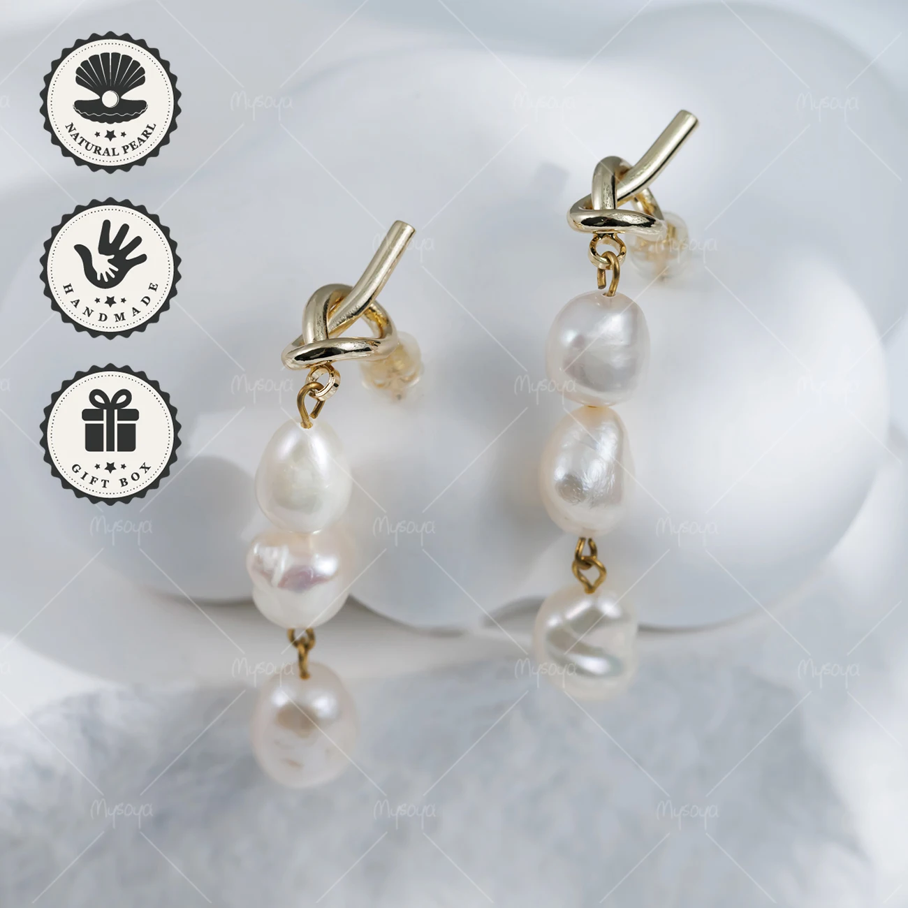 

Серьги MYSOYA с белым барочным пресноводным жемчугом 8-9 мм и золотым узлом, подарок на день рождения, День святого Валентина, подарок на годовщину