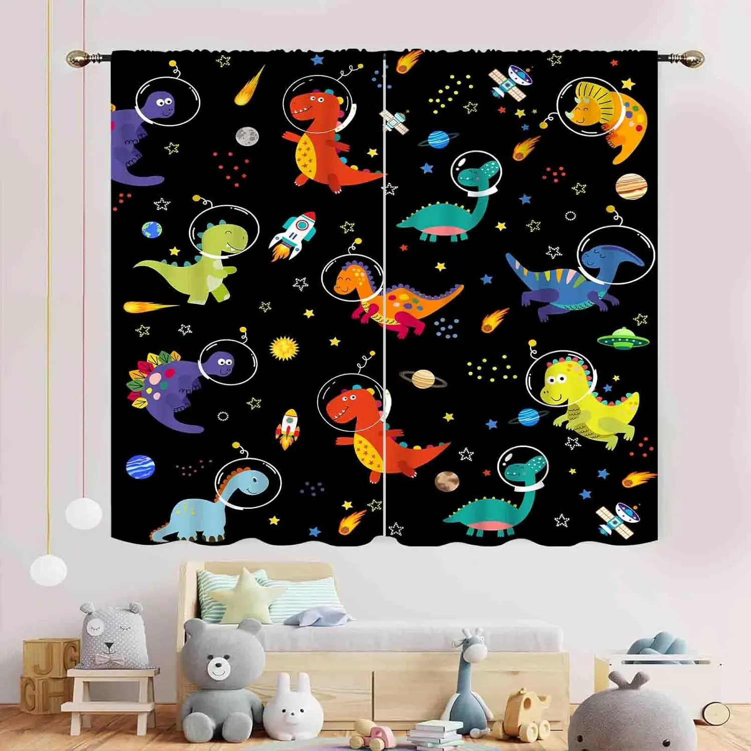 Cortinas Opacas de Dinosaurios, Cortinas Infantiles con Dibujos Animados de Galaxia, Planetas, Universo, Divertidos Animales de Safari, Cortinas Coloridas para Bebés
