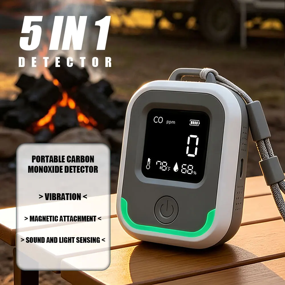 5-in-1 Portable Carbon Monoxide Detector CO Alarm CO2 Detector Alarm LED Display Temp/Humidity For Outdoor Camping Home RV