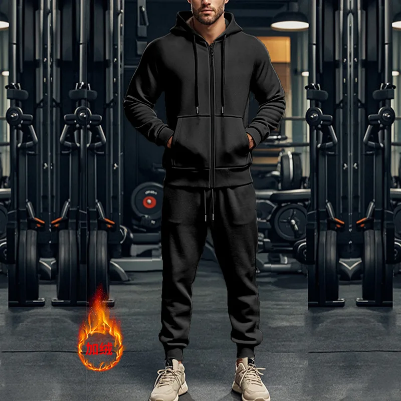 Autumn/Winter 2024 Weighty Casual Men\'s Suit Fleece Warm Tracksuit Hooded Zip-up Jacket And Trousers Two-piece Set