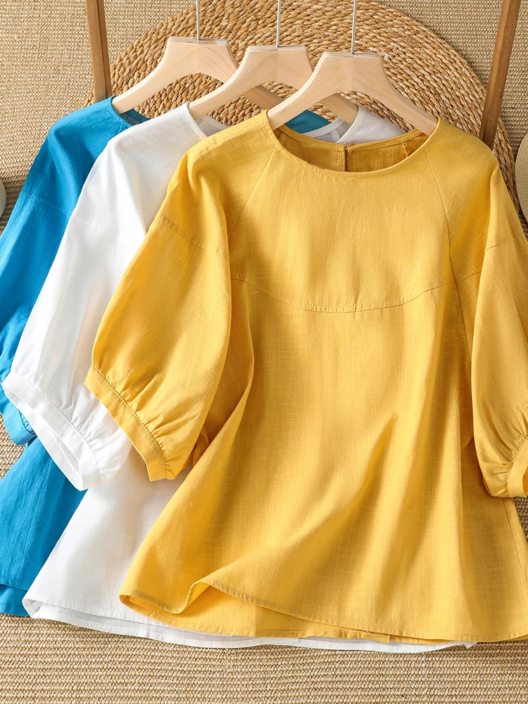 

Summer Casual Loose Lightweight Short Sleeve round Neck Linen T-Shirt Women's plus Size Fashionable Versatile Slimming Top