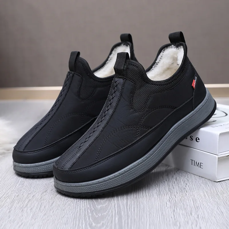 Men Winter Warm Fleece‑Lined High‑Top Slip‑On Shoes Waterproof Microfiber Upper Stitched Non‑Slip Warm Casual Cotton Shoes