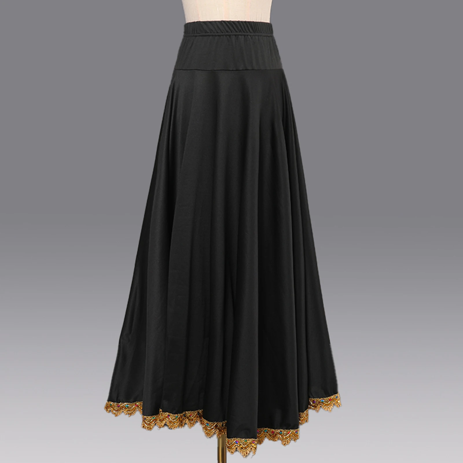 Ballroom Flamenco Dancing Skirts Stage Performance Costumes Elastic Waistband Gold Trim Big Swing Dance Long Skirt for Womens
