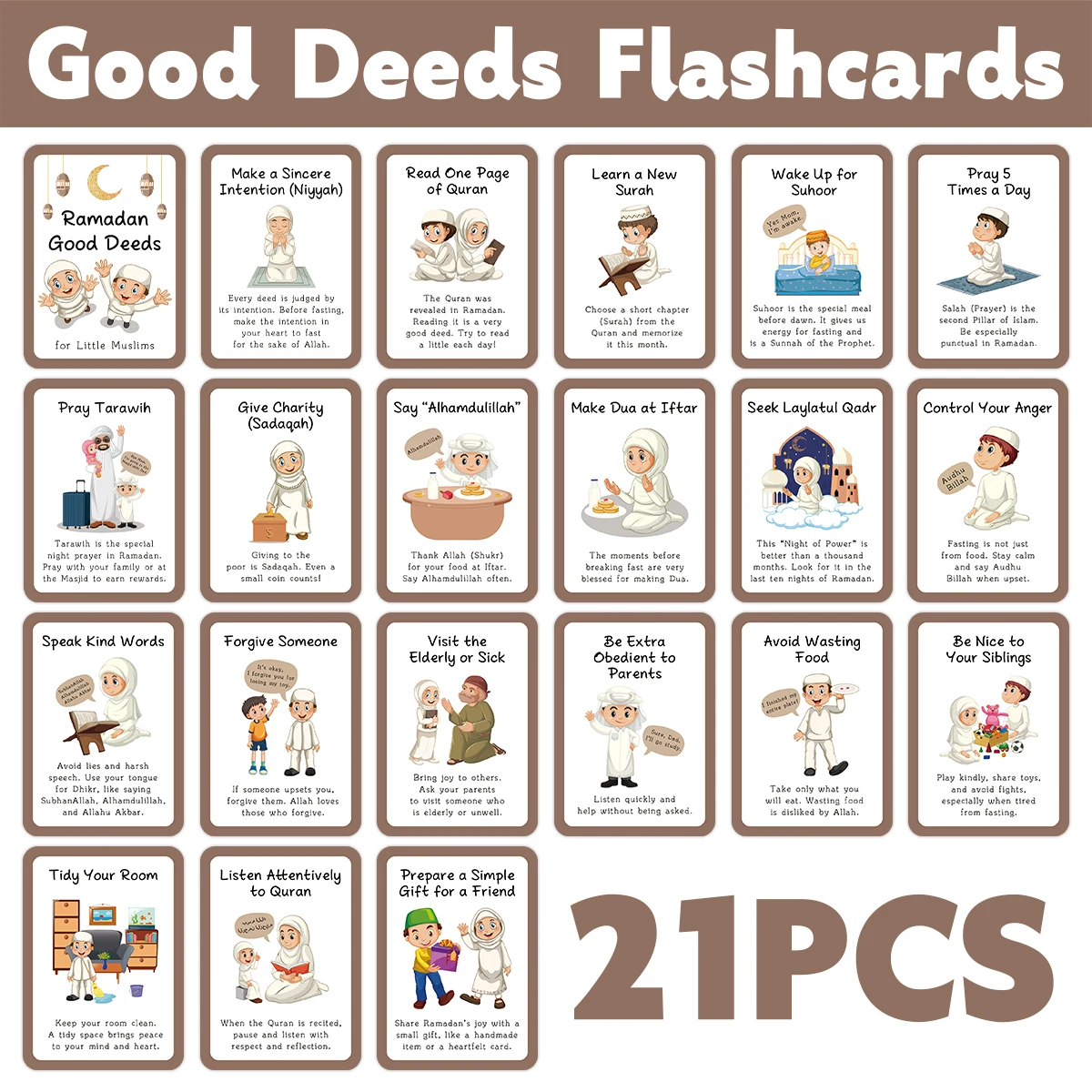 21pcs Ramadan Good Deeds Flashcards-Actionable Islamic Practice Design,For Sunnah,Worship,Islamic Classroom,Ramadan Routines Use