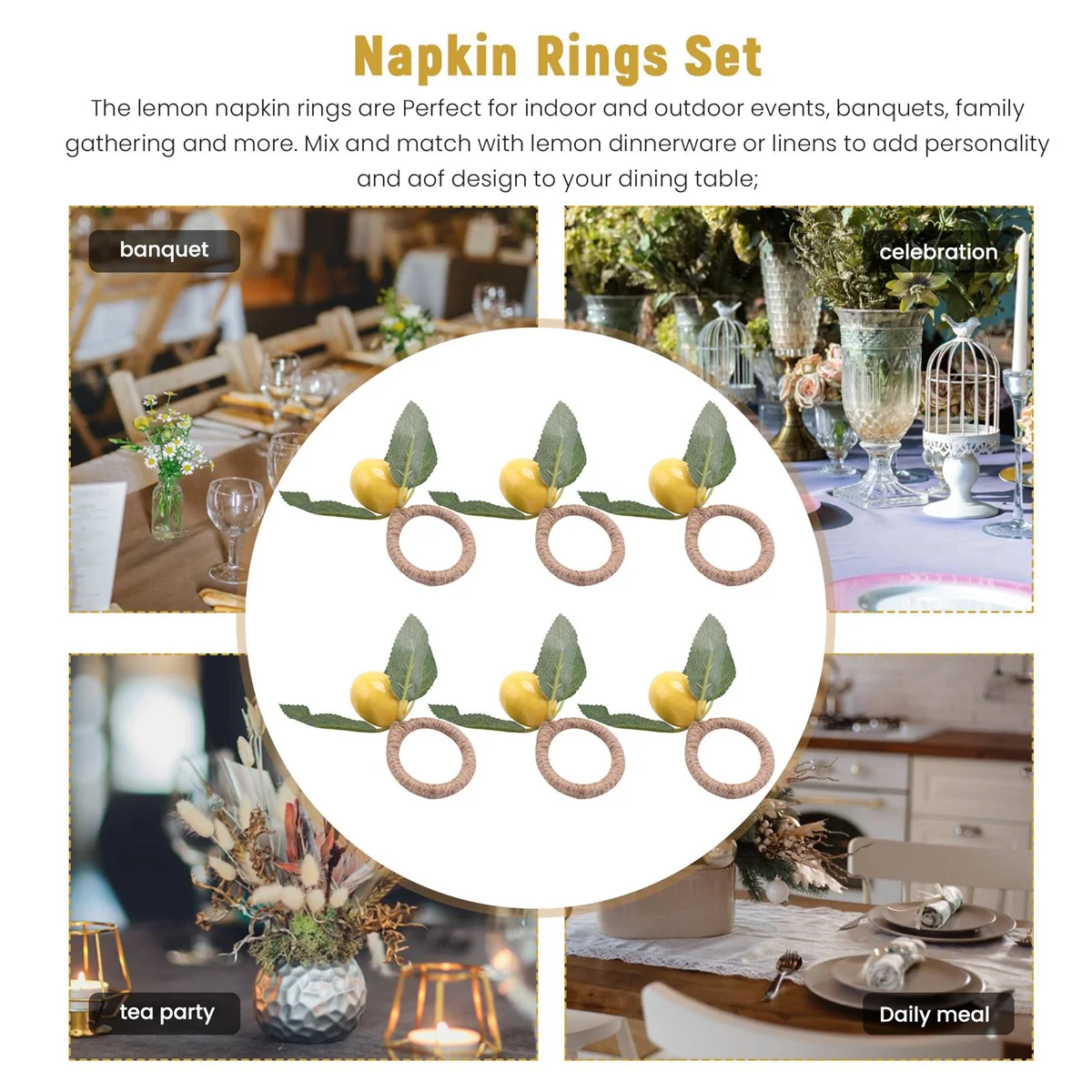 

X11AA Napkin Rings Set of 6,Decorative Lemon Vine Leaf Napkin Rings, Dinning Table Setting Yellow Napkin Buckle Napkin Holders
