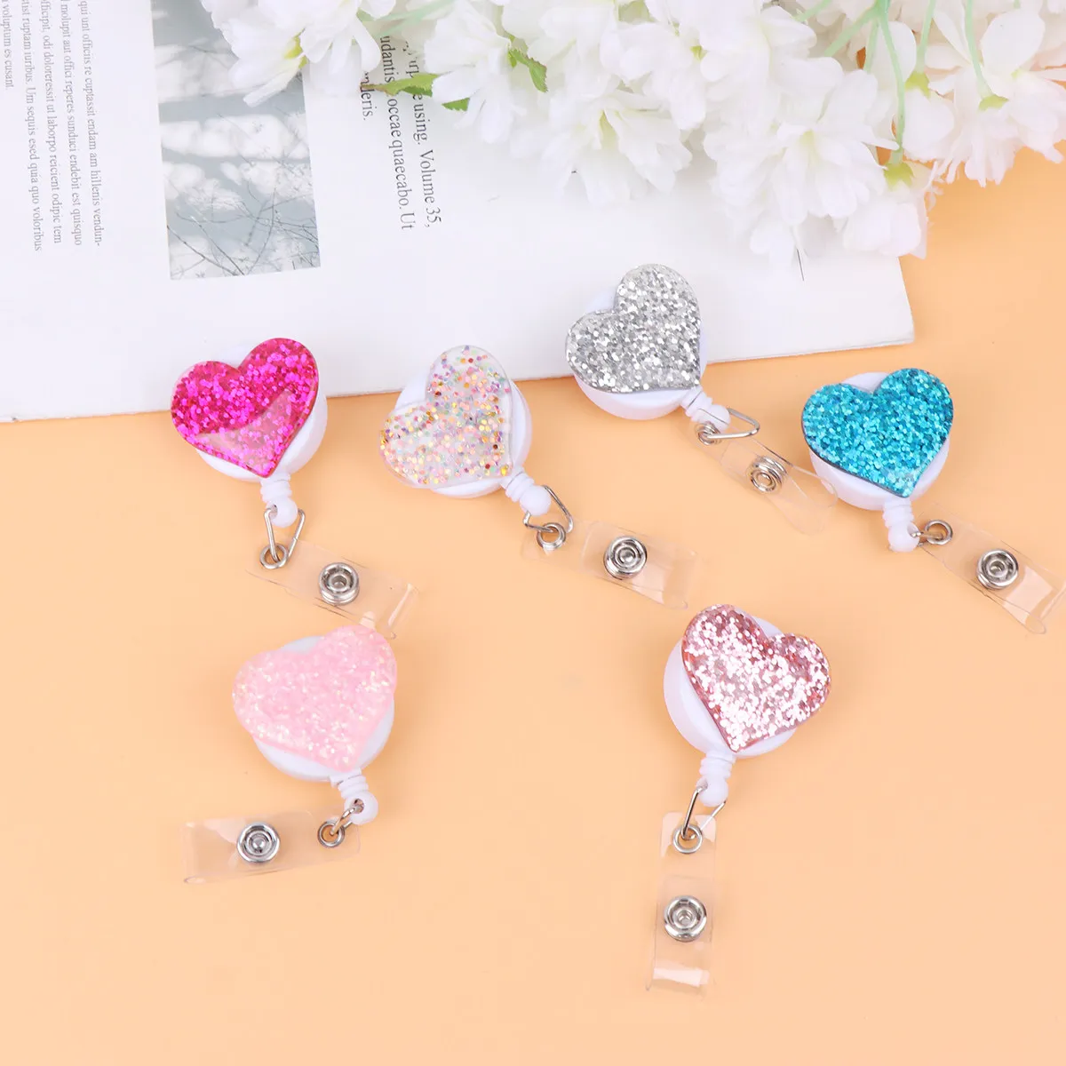 6Pcs Heart Shape Badge Reels Colorful Cartoon Nurse Id Badge Holder Clips for Office School Hospital Staff Name Tags