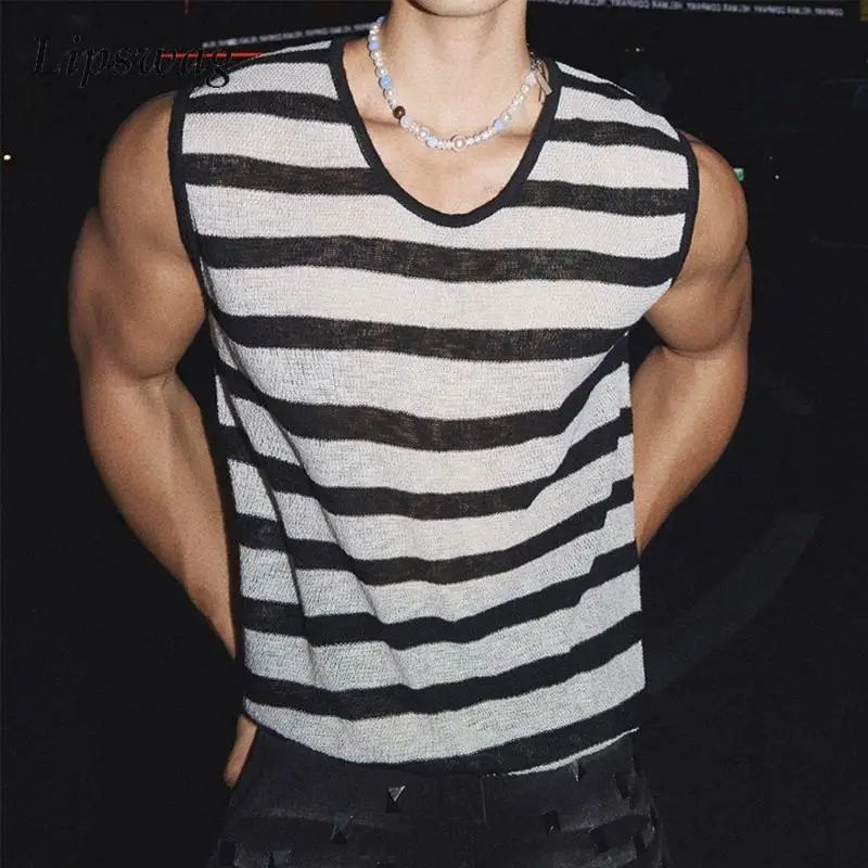 

Sexy See Through Knitted Tank Tops Mens Vintage Striped Contrast Color Knit Vest Summer Casual Sleeveless O Neck Men Camisoles