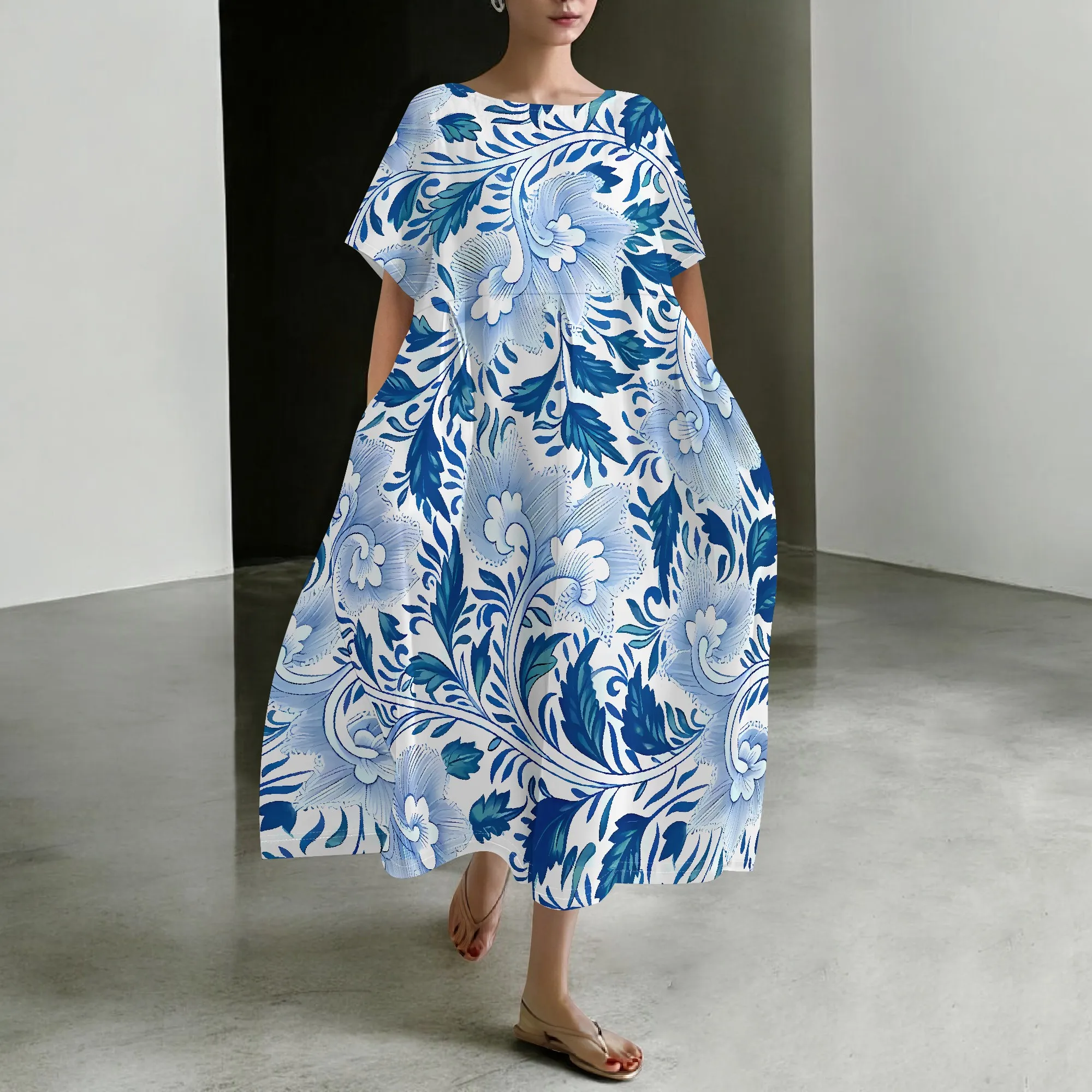 

EQQZD Short Sleeve Round Neck Dress with Pockets, Casual & Stylish Floral Print Puffy Dress, Elegant and Refined Dress