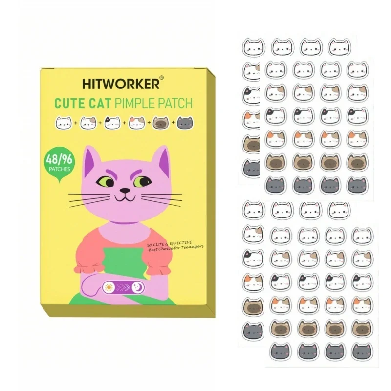 48/96Pcs Cute Cat Shaped Acne Pimple Patches, Cartoon Hydrocolloid Blemish Stickers, Invisible Spot Covers for Facial Skin Care
