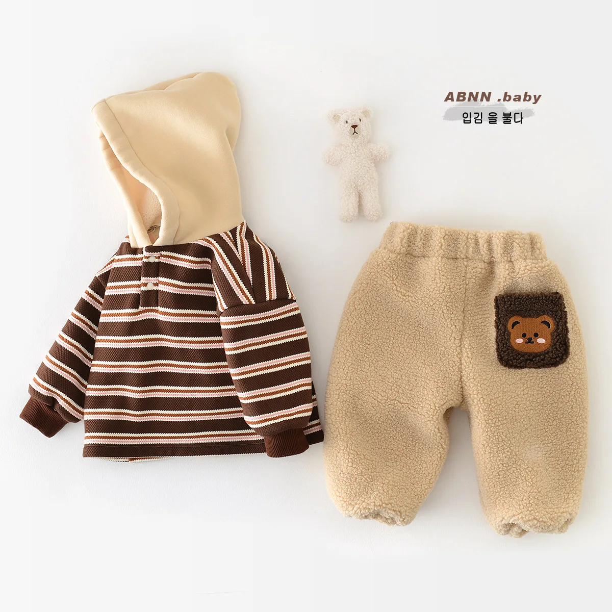 2023 Winter New Baby Fleece Trousers Infant Girls Cute Bear Pocket Warm Pants Toddler Boys Thick Casual Pants Children Clothes