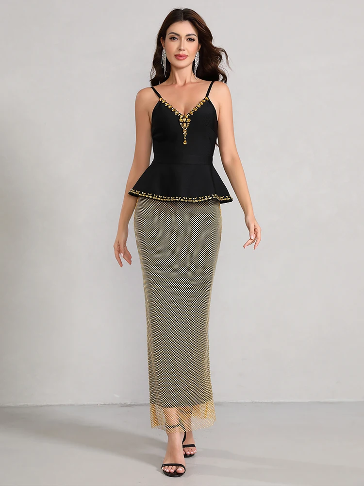 Party Chic Style Black-Gold Spaghetti Strap Two-Piece Set Sexy Maxi Dress Date Night Galas Evening Gown