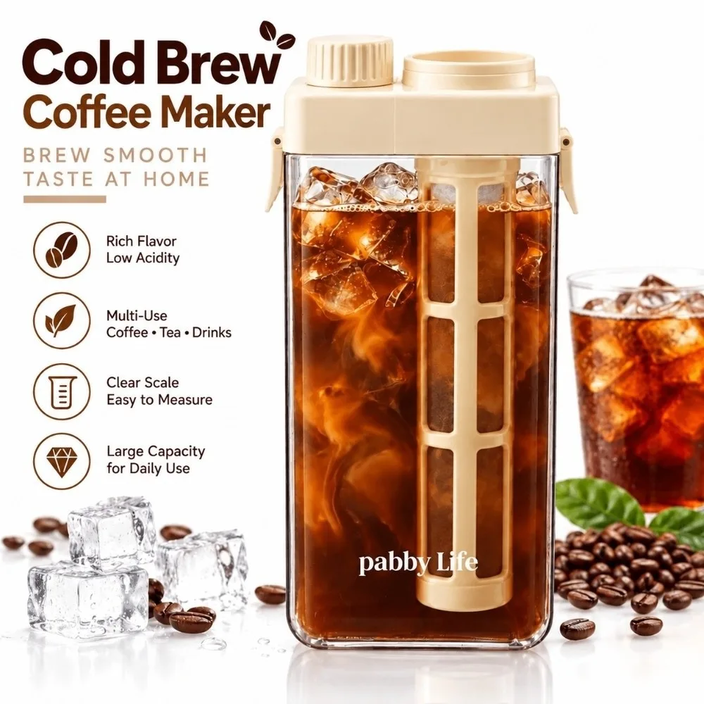 Double Silicone Seal Cold Brew Coffee Maker Built In Measurement Scale PP ABS AS Coffee Filter Pitcher Easy Carry Handle