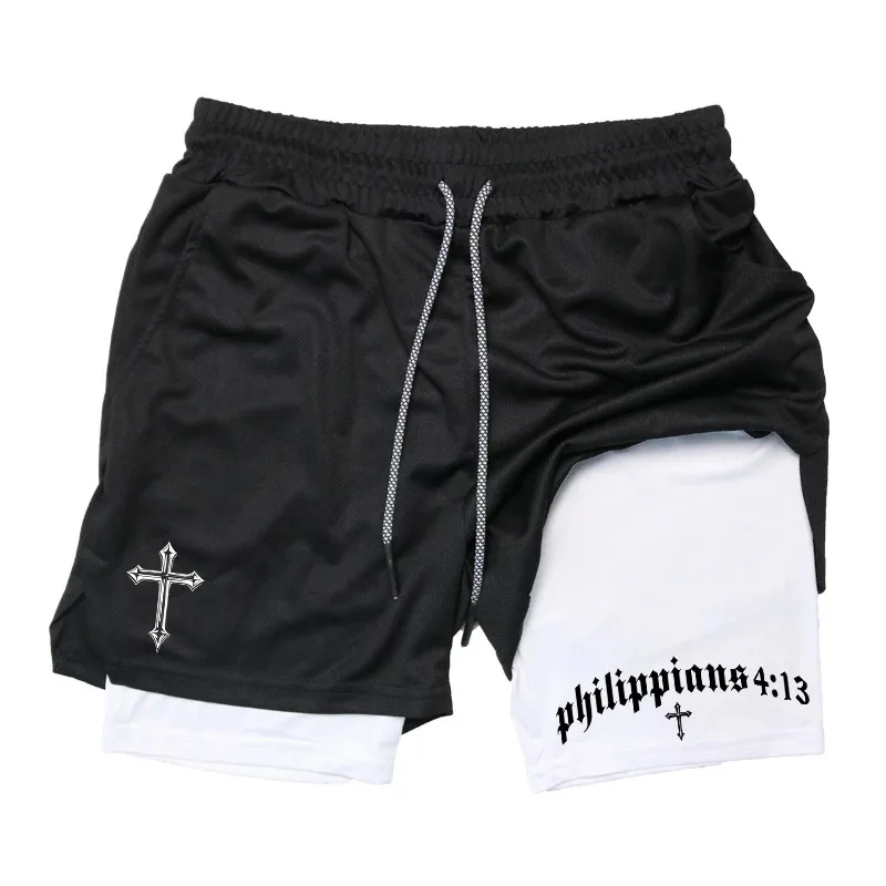 

Cross Bible Graphic 2 in 1 Athletic Shorts for Men Christian Gym Workout Running Shorts with Phone Pocket Towel Loop Active Wear