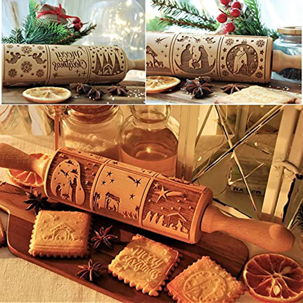 newA10R Nativity Pattern Xmas Christmas Wooden Embossing Rolling Pin with 9 Different Scene for Baking Embossed Cookies