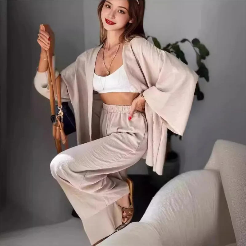 2024 New Autumn Suit  Cotton Sleepwear Two-piece Women\'s Spring Homewear Bat Sleeve Cardigan Wide Leg Pants Loose Suit For Women