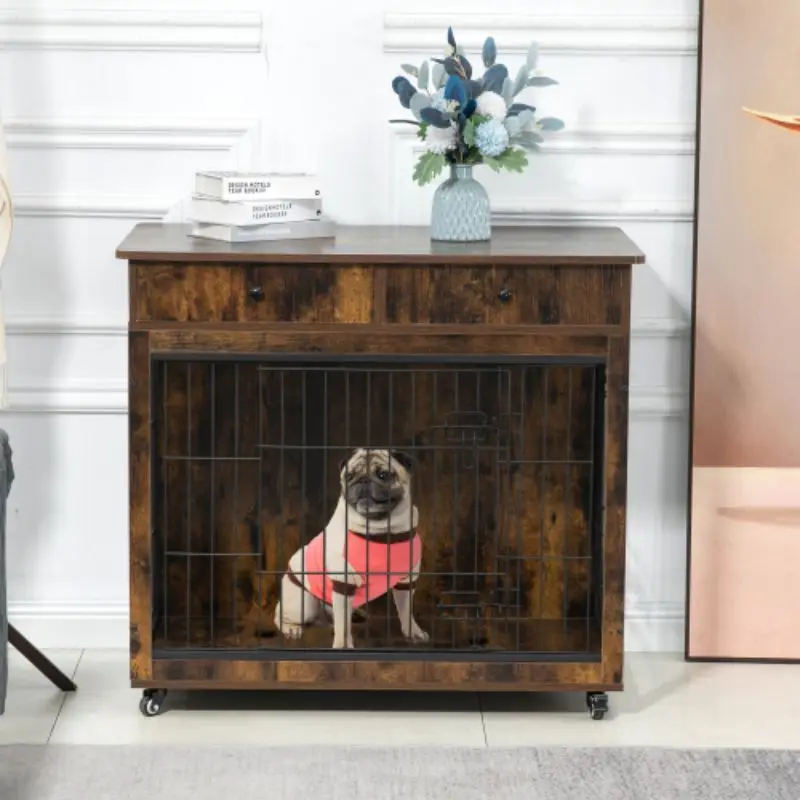 Dog Crate Furniture, Wooden Dog House, Decorative Dog Kennel with Drawer, Indoor Pet Crate End Table for Small Dog, Steel-Tube D