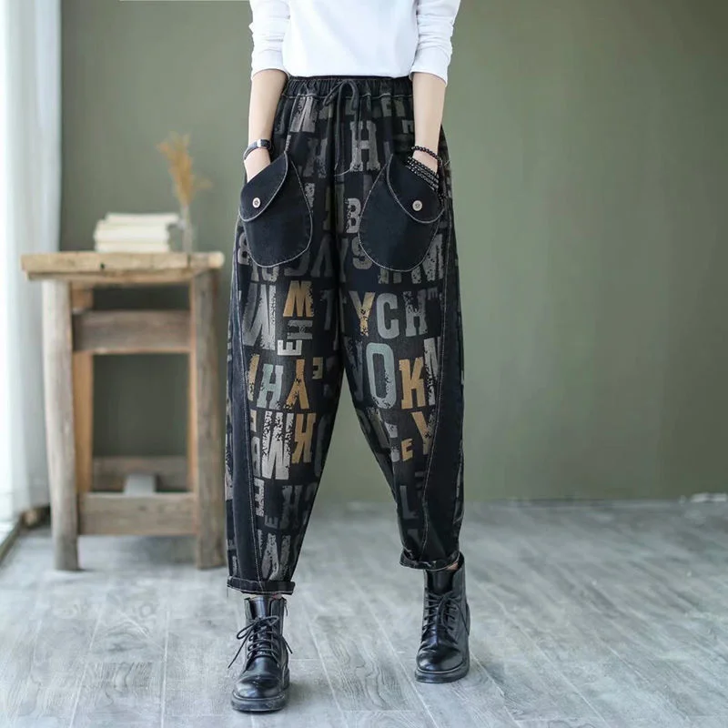 80-200 Pond Jeans Lente Nieuwe Verwesterde Brief Afdrukken Losse Slanke Patchwork Harlan Broek Vrouwelijke Cowboy broek JJ1000