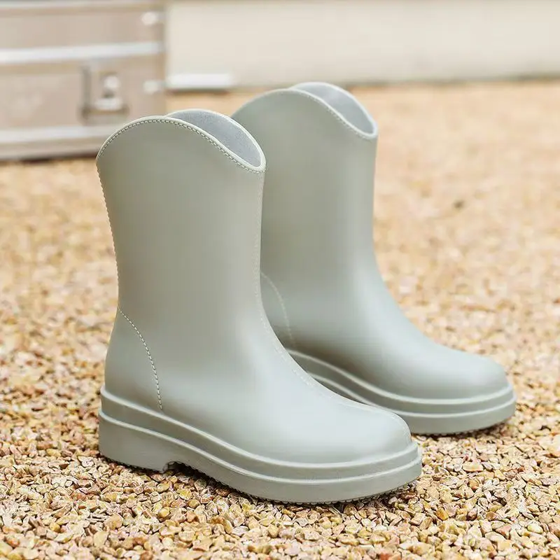 Women Block Heel High Top Rain Boots Spring Autumn New Thick Sole Round Toe Slip On Waterproof Kitchen Work Shoes Garden Shoes