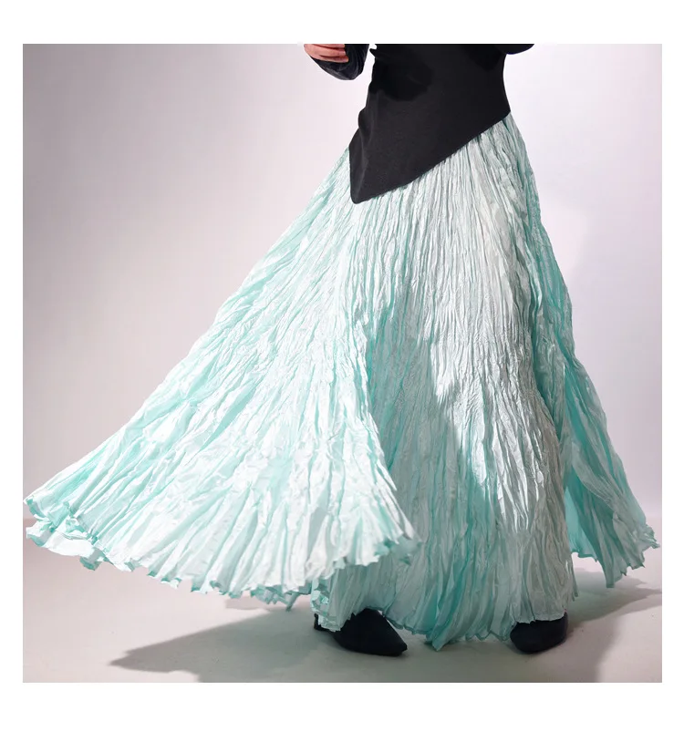 High Quality Women Spring Long Skirts Wide Hem Pleated Design High Waist A-Line Dance Maxi Skirts Faldas Femme Streetwear