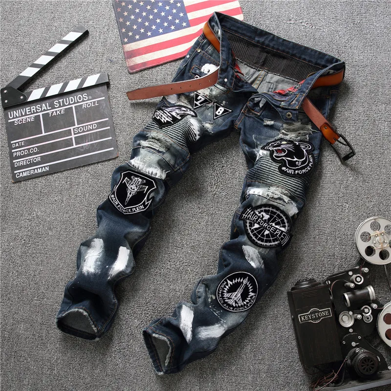 

Trendy Men's Clothing Stitching Jeans Men's Retro Embroidered Slim Pencil Pants Personality Street Motorcycle Long Pants