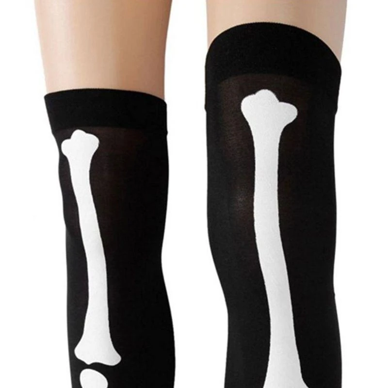J15U Womens Halloween Cosplay Skull Skeleton Bone Gloves Thigh High Stockings Socks