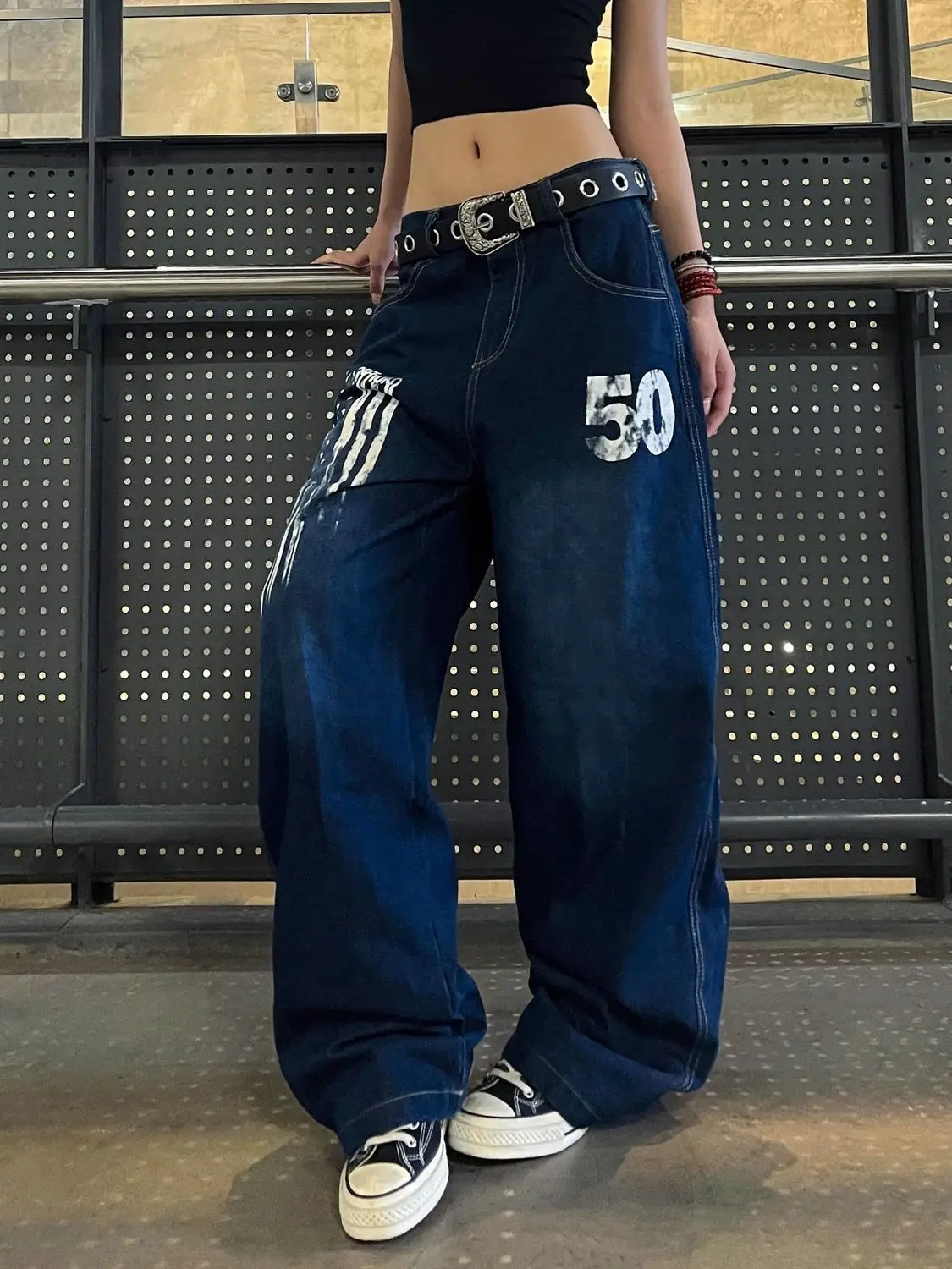Women's Retro Personality Print High Waisted Jeans Cool Girl Wide Leg Streetwear Trouser Female Casual Vintage Denim Pants