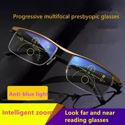 Multifocal Glasses Progressive Anti Blue UV Automatic Adjustment Eyewear Protect Eyes Reading Glasses Men Women Half Frame