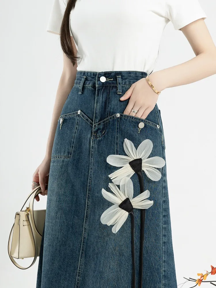 

Summer 2024 Women's A-line Denim Skirt Vintage 90s Aesthetic Y2k Long Cowboy Skirt Harajuku Korean Emo Jean Skirt 2000s Clothes