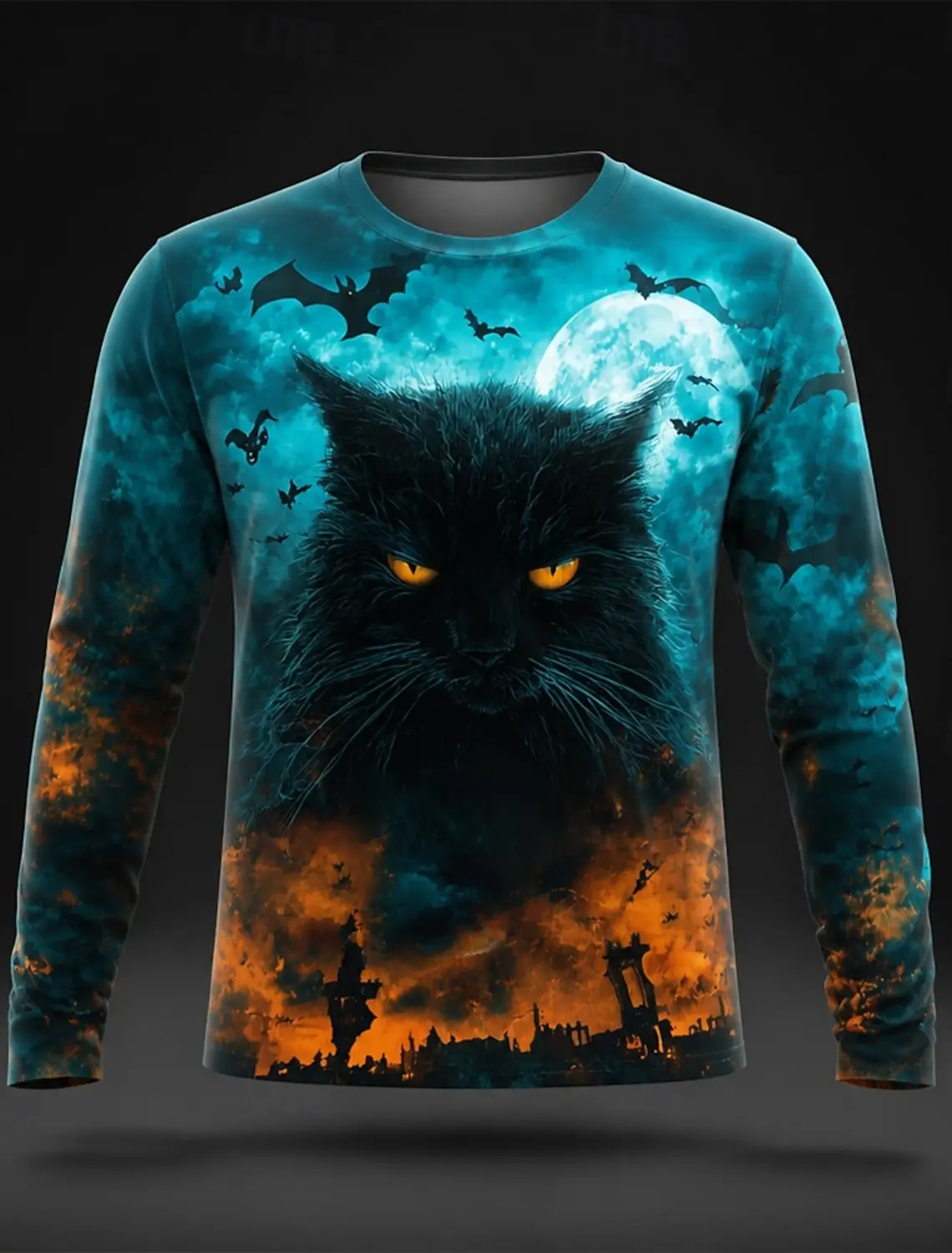 Men Halloween Long‑Sleeve T‑Shirt,3D Print Black Cat Haunted House Skull Moon,Crew Neck Gothic Horror Party Tops