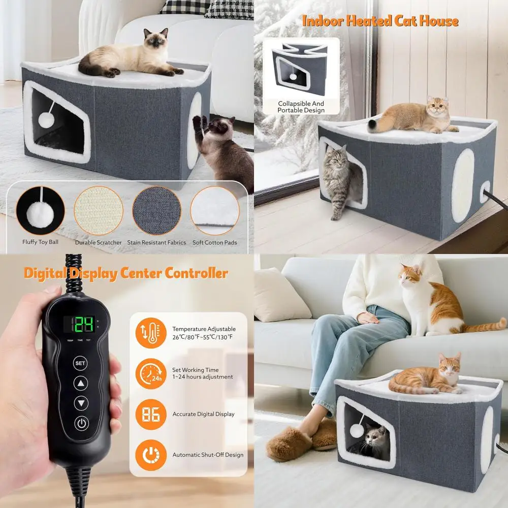 

Indoor XXL Heated Cat Bed with Adjustable Temp & Timer, Plus Scratch Pad & Fluffy Ball