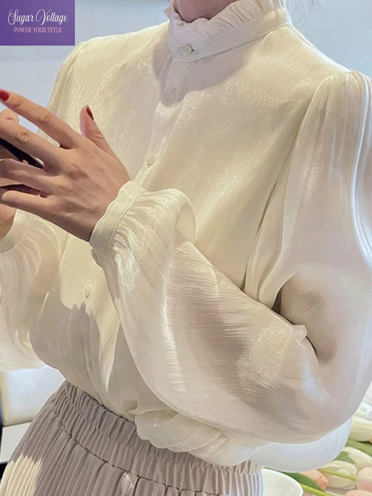 

Франция модные милые винтажные элегантные шикарные топы женские тонкие рубашки с длинным рукавом и воротником-стойкой офисная женская повседневная однотонная тонкая блузка