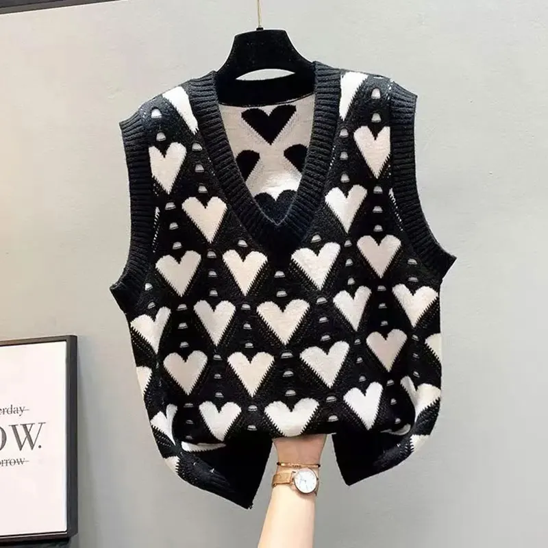 Heart Plaid Vintage Acrylic Knit V-Neck Sleeveless Pullover Women\'s Vest Sweater Female Sweaters Tops Woman Clothing Fashion