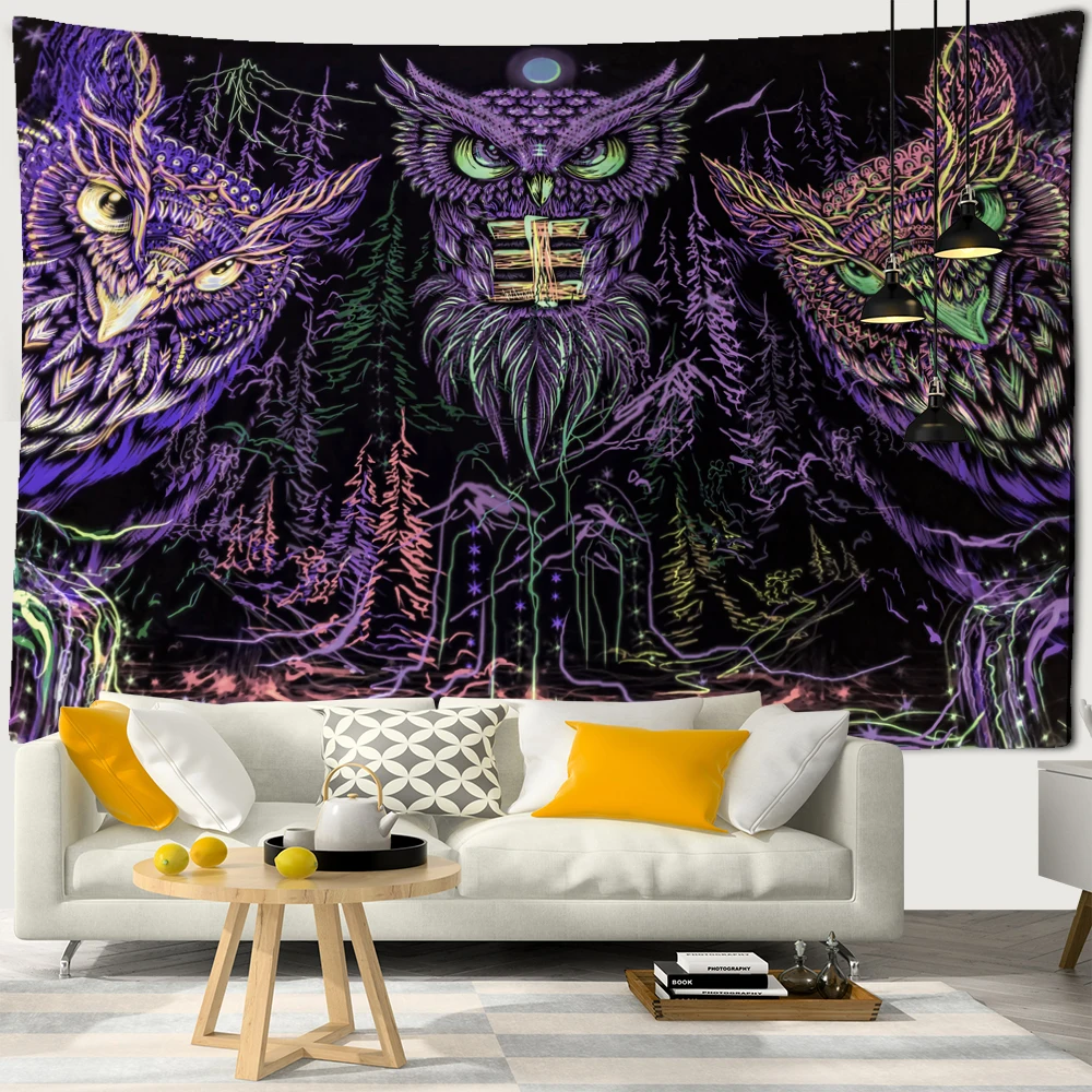 Home Decor Colorful Psychedelic Owl Print Polyester Tapestry Boho Dark Witchcraft Academy Room Backdrop  UV 