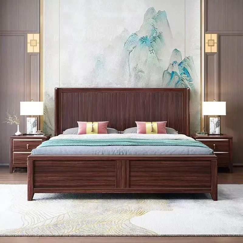 Song Aesthetic Solid Wood Bed Hard Edge 1.5m/1.8m Single/Dual Size New Chinese Ebony Master Bedroom Furniture