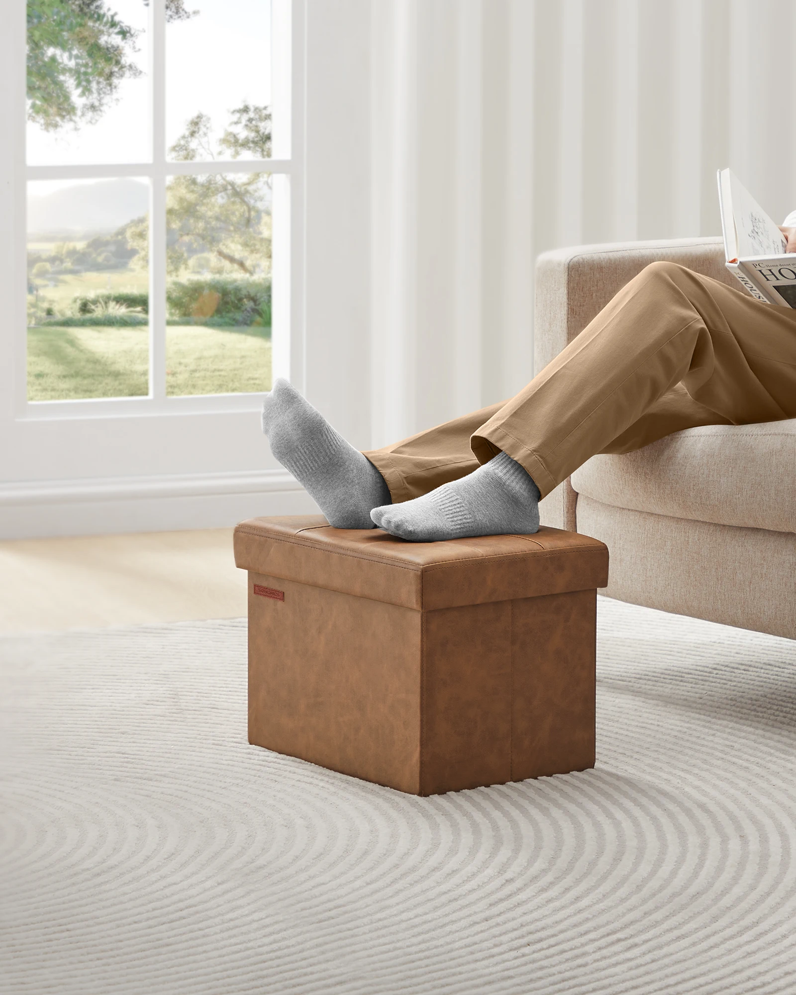 SONGMICS Storage Ottoman, Foldable Small Ottoman Foot Rest, 31 x 41 x 31 cm Foot Stool, Cube Ottoman with Storage