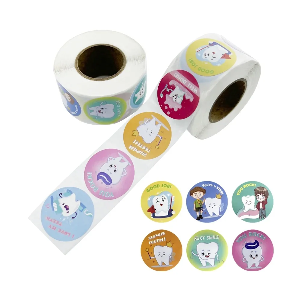 

500 Stickers/roll Denatl Cute Teeth Stickers I Love Brushing Teeth Children Encourage Cartoon Teeth Sticker Decoration 2.5CM