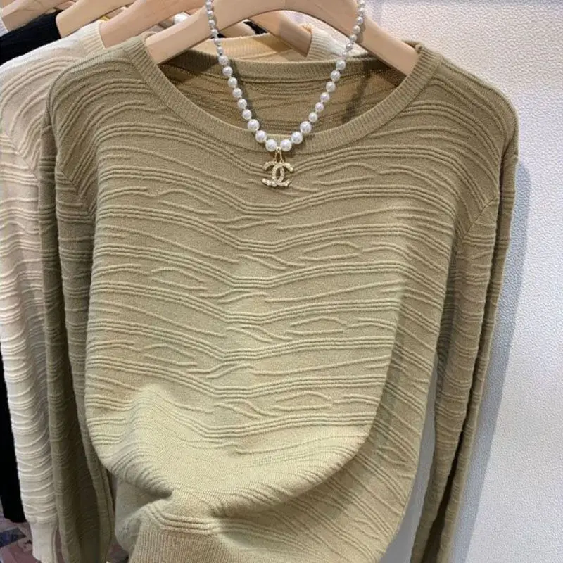 Women\'s Clothing Spring Autumn Solid Pullover Long Sleeve Crew Neck Casual Elegant Sweater Knitted T-shirt Fashionable Tops
