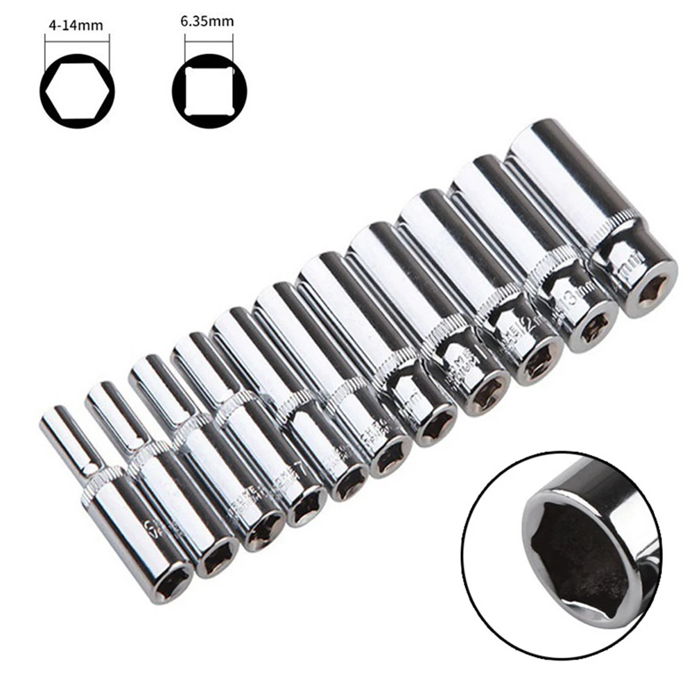 4-14mm Deep Socket set 1/4inch Hex Socket Ratchet Wrench Drive Sockets Adapter Hand Repair Tools 4-5-6-7-8-9-10-11-12-13-14mm