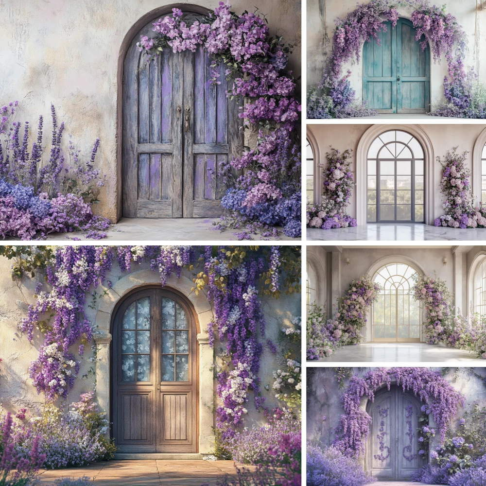 

Flower Girl Birthday Photography Background Vintage White Door Wisteria Floral Backdrop Kids Baby Show Photo Studio