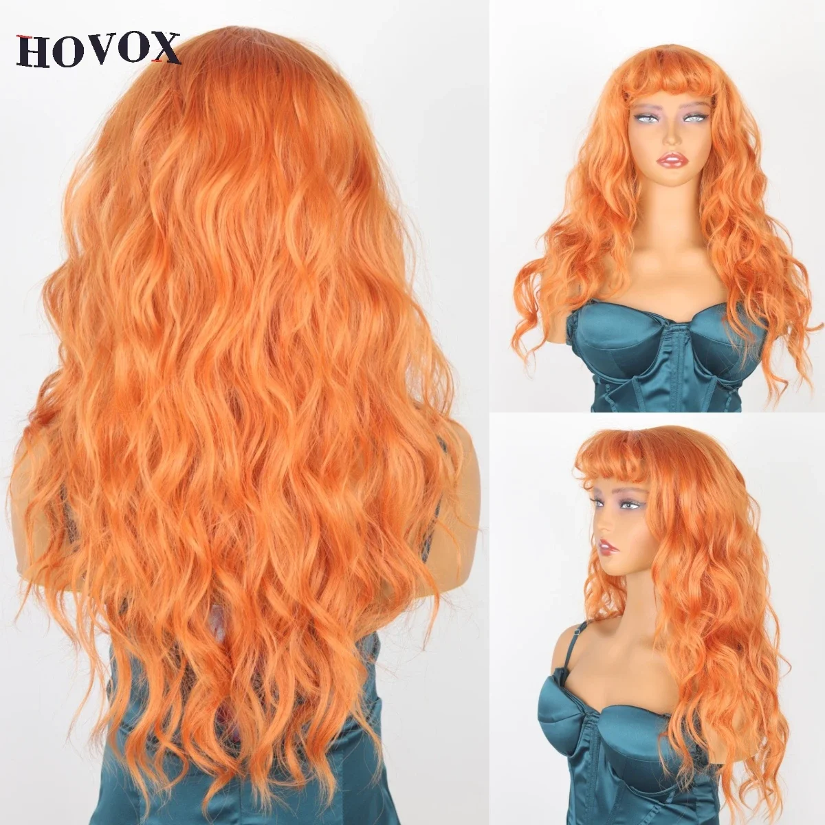 HOVOX Women's Long Wavy Curly Hair Orange Neat Bangs Synthetic Wig for Daily Cosplay Party Heat Resistant Wig