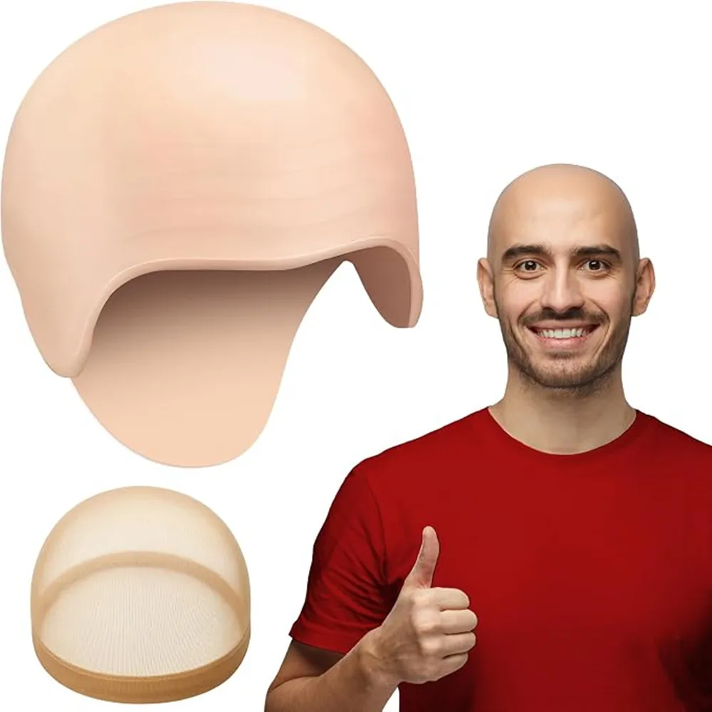 2PCS Bald Cap for Men Women Costume, Wig Head Cap synthetic Mr Clean Costume, Halloween Latex Dr Nefario Bald Kit